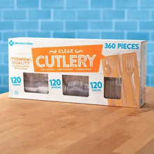 members-mark-clear-plastic-cutlery-set-360-count-box-lifestyle-shot-on-wood-counter-blue-background - Brands For Less USA